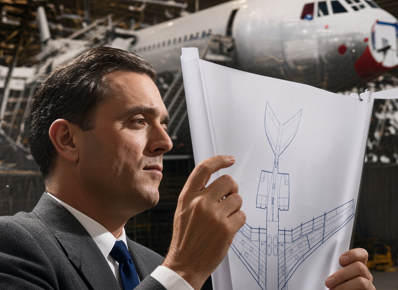 Maurice Wilmer in a suit and tie, studying an engineering drawing held up in front of an airliner in a hangar.