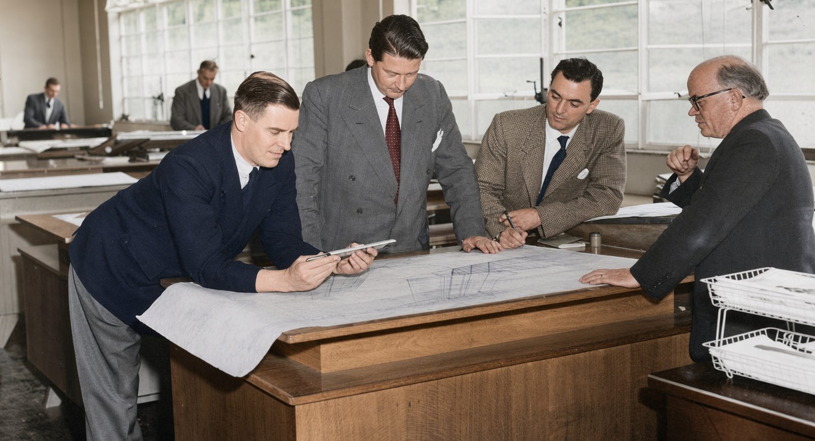 Four engineers in suits lean over a large drawing on a desk in a bright drawing office.